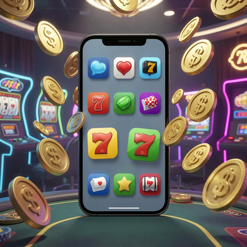 Realistic 3D render of an Android phone displaying the Q8800 casino app with app icons, surrounded by floating golden coins and slot symbols in a neon casino atmosphere