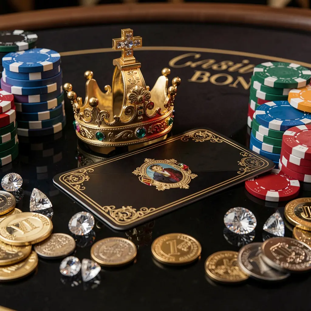 Q8800 VIP casino bonus concept featuring a golden crown, luxury membership card, poker chips, diamonds, and coins arranged on a glossy black table in an elegant premium style