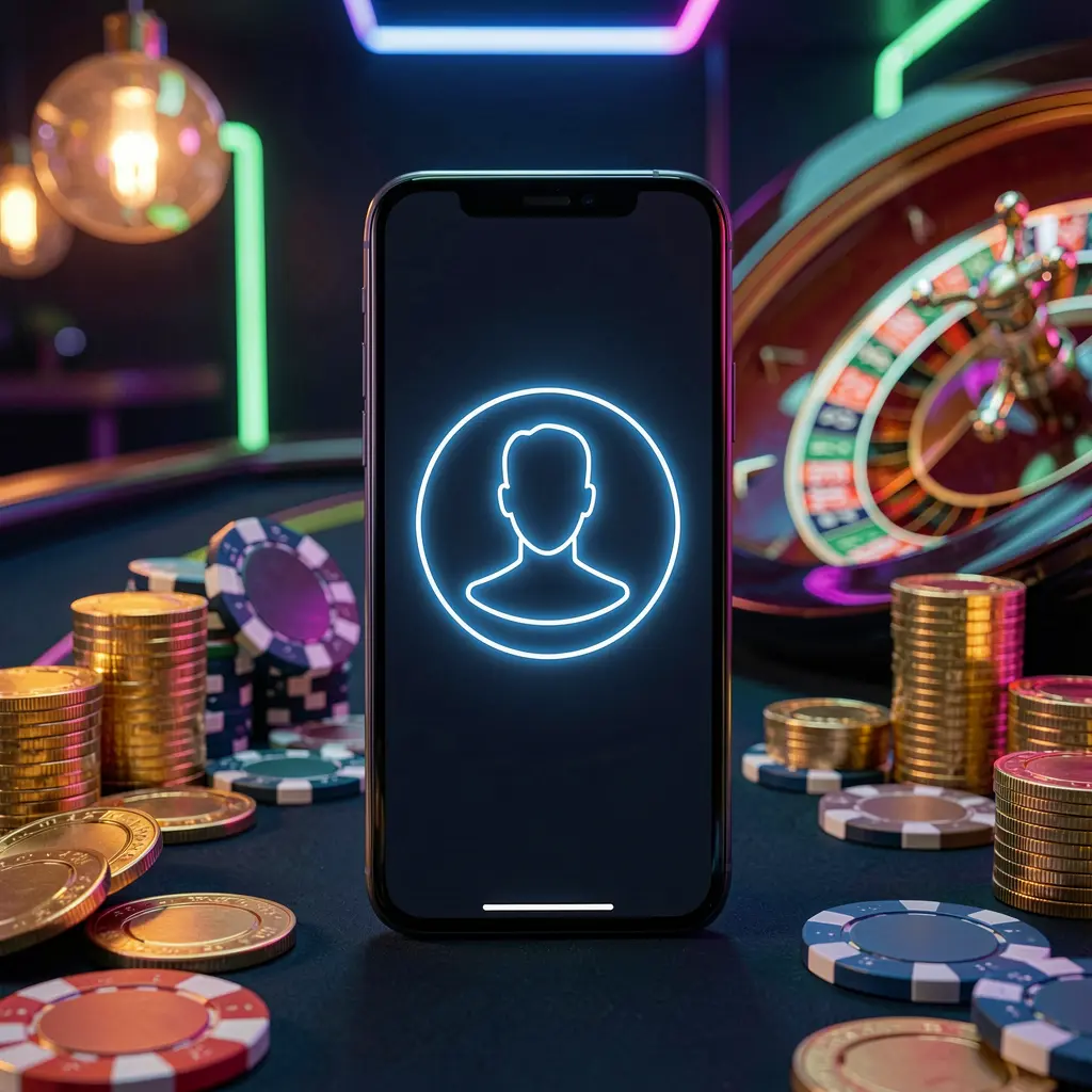 Q8800 online casino login hero image featuring a modern phone with a glowing profile icon centered, roulette lights in the background, and golden coins and poker chips in a premium dark neon atmosphere
