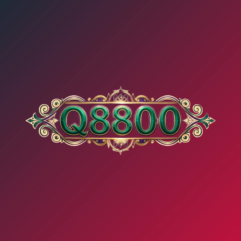 Luxury colorful Q8800 logo featuring bold serif typography in rich emerald, violet, and gold with elegant glowing ornaments, designed as a premium brand identity on a transparent background