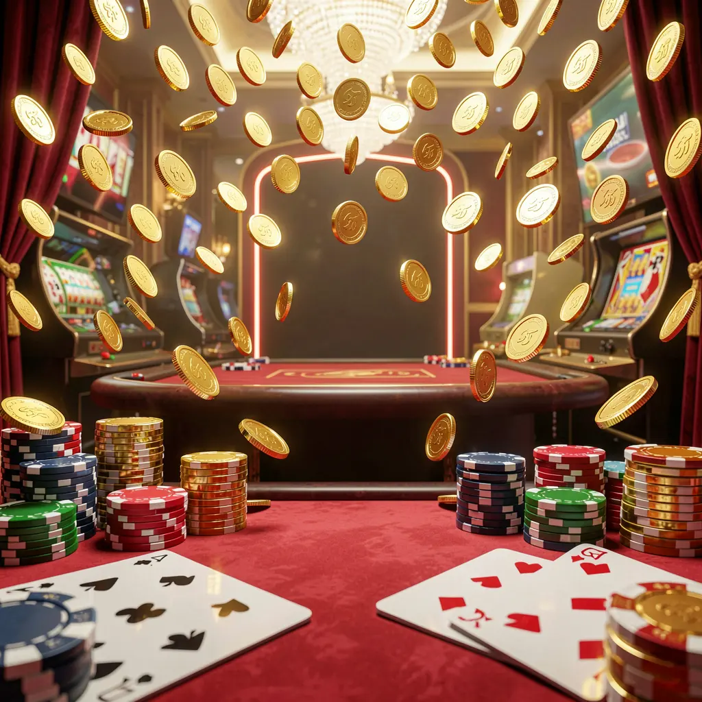 Q8800 online gaming platform homepage banner featuring bright casino lights, golden coins raining, poker chips and playing cards in the foreground with a luxury red and gold atmosphere in a high detail 3D render
